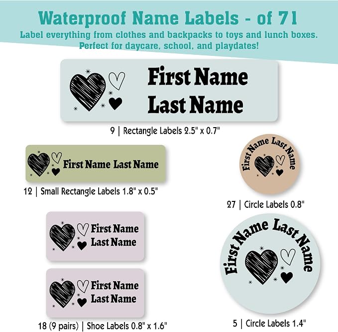 Personalized Daycare Name Labels for Kids (71 Labels) - Custom Durable Waterproof Name Stickers for Clothing Tags, Water Bottles, Lunch Boxes, and School Supplies - Dishwasher, Washer