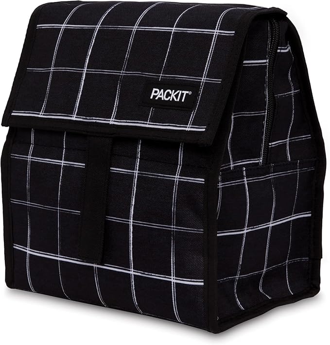 PackIt Freezable Lunch Bag, Black Grid, Built with EcoFreeze Technology, Foldable, Reusable, Zip and Fold Closure with Buckle Handle, Designed for Work Lunches and Fresh Lunch On the Go