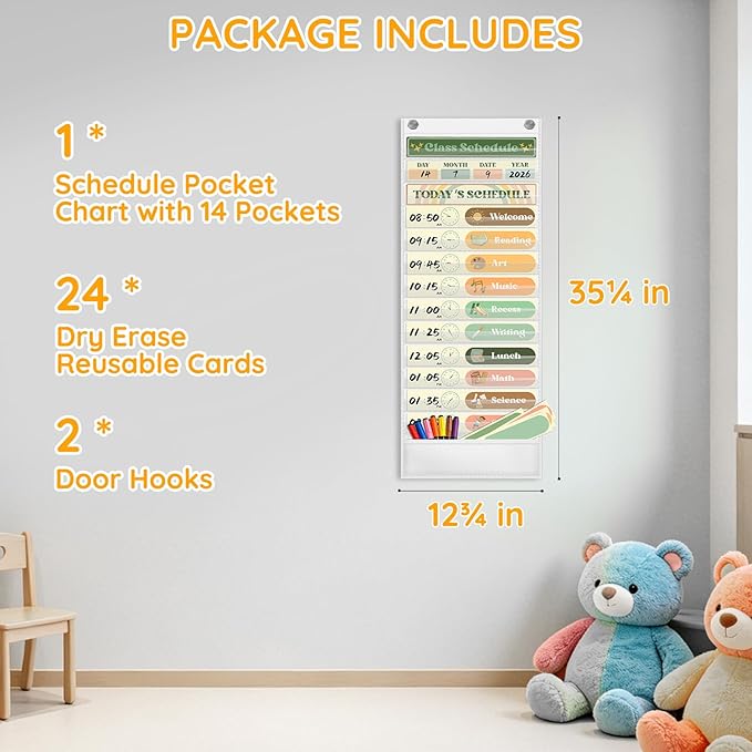 AKAYOK Daily Schedule Pocket Chart, 13+1 Pocket Visual Schedule for Kids, Includes 24 Reusable Dry-Erase Cards, Daily Planner with Hourly Schedule for Classroom, Office, Home, School Activities
