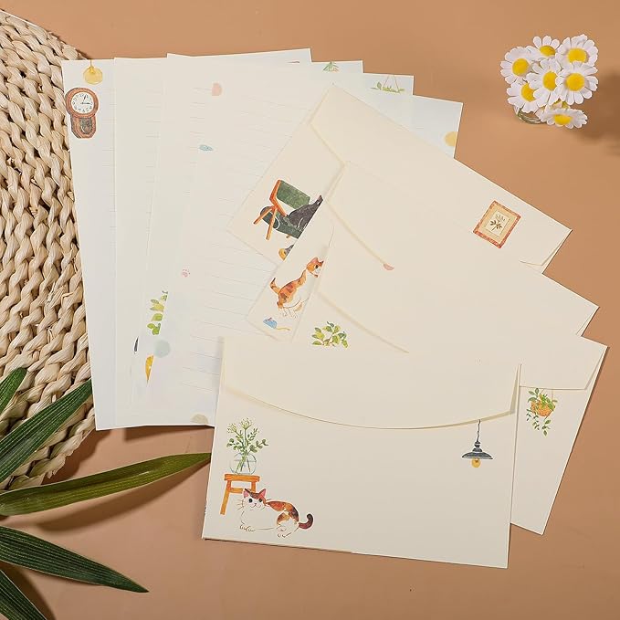 36 pcs Cat Stationery Paper and Envelopes Set, Warm Cute Cat Themed, Cute Letter Papers for Invitations Gift Decorations Holiday Party (24 Lined Stationery Paper with 12 Envelops)