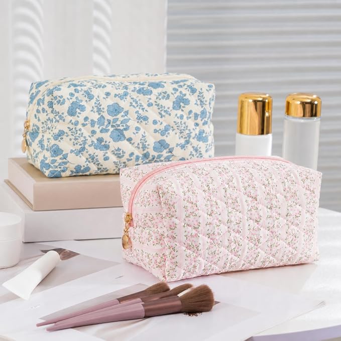 Makeup Bag Travel Toiletry Bag for Women, Small Cosmetic Bags Cute Quilted Cotton Makeup Pouch for Purse Emergency Bag Pencil Case Accessory Bag, Blue