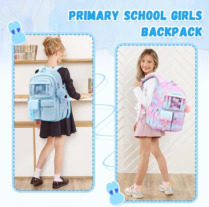 PIG PIG GIRL Kids Backpack for Girls - School Bags for Middle School Students - Book Bag for Elementary Primary - Kawaii Ita Backpack - Blue Daisy