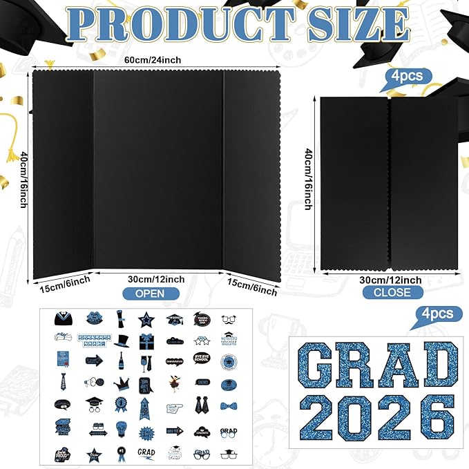 MiniInflat 4 Set 2026 Graduation Picture Trifold Poster Board Double-sided Foldable Photo Display Board Graduation Decoration for Class of 2026 High School College DIY Craft(Blue,24 x 16 Inches)