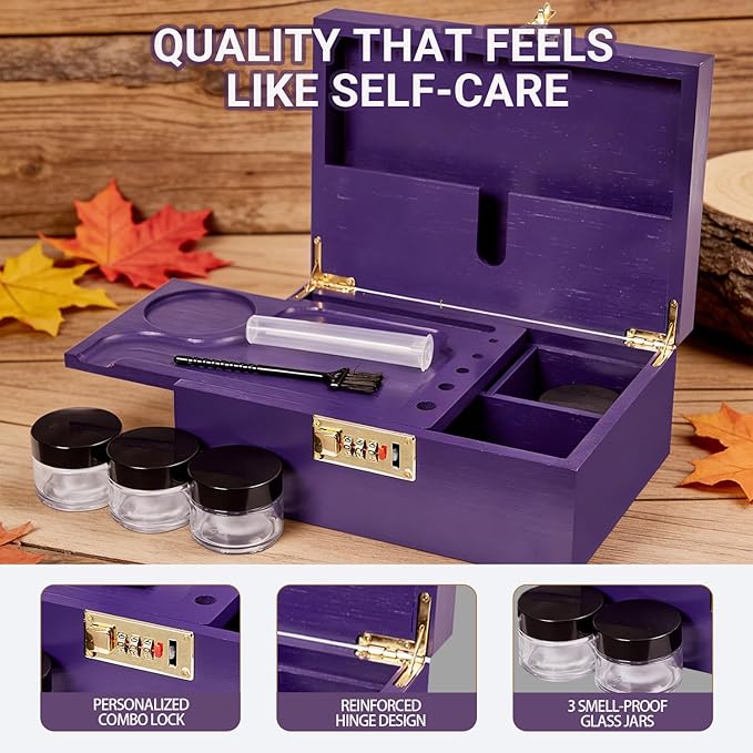 Bamboo Wood Desktop Organizer with 3 Glass Jars and Sliding Tray - Red Multi-Compartment Storage Case for Craft Supplies, Stationery, and Small Accessories (Purple)