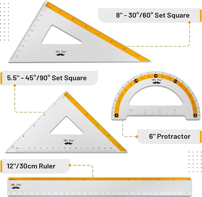 Mr. Pen- Metal Geometry Kit, 4 Pack, 45° & 30°/60° Set Squares, 6" Protractor & 12" Ruler, Durable Metal Drafting Tools for Technical Drawing, Math, Engineering & Architecture