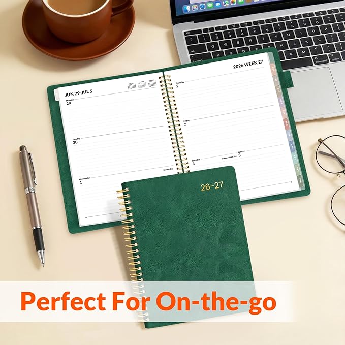 SUNEE 2026-2027 Weekly & Monthly Planner 6.4"x8.5" - 12 Month (July 2026 - June 2027), Vegan Leather Cover Planner Academic Year Calendar, Pocket, Notes, Monthly Tab, Deep Green