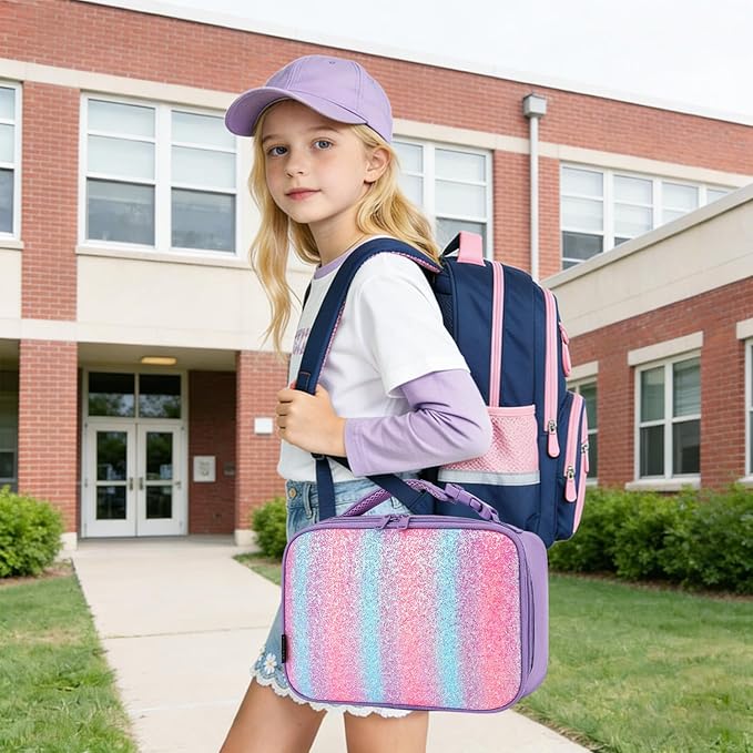 FlowFly Kids Lunch box Insulated Soft Bag Mini Cooler Back to School Thermal Meal Tote Kit for Girls, Boys,Purple#Glitter