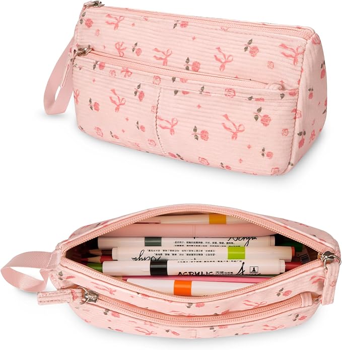 FINPAC Pencil Case, Corduroy Triangle Makeup Bag, Kawaii Pen Bag Pouch Holder Box Organize for Study, Office, or Travel (Pink Rose Bow)