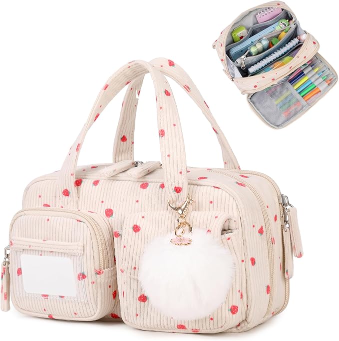 Pencil Case Corduroy Multiple Compartments Pouch Bag for Girl, Strawberry