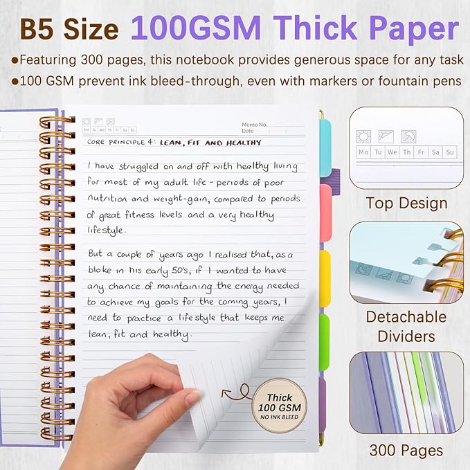 Hardcover Spiral Notebooks for Work 8''x 10'', 300 Pages 5 Subject Notebook with Dividers & Tabs, B5 Spiral Journal for Women, College Ruled Notebooks for School Note-Taking (Lilac Purple)