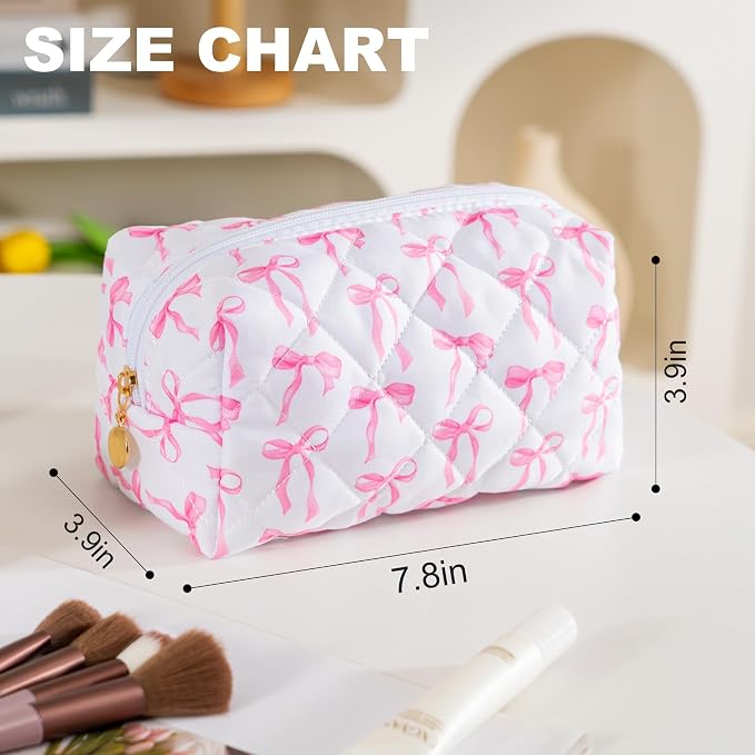 Makeup Bag Travel Toiletry Bag for Women, Small Cosmetic Bags Cute Quilted Cotton Makeup Pouch for Purse Emergency Bag Pencil Case Accessory Bag, Ribbon Bow
