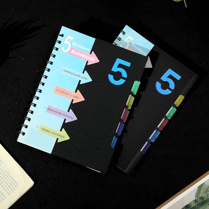 CAGIE 2 Pack 5 Subject Notebook with Dividers 220 Pages Spiral Notebooks with Tabs 6x8 A5 Spiral Bound Journal for Note Taking Work School Supplies, Wide Ruled, Black