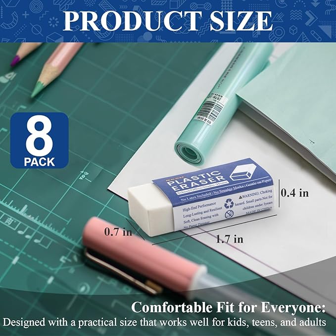 Realzeva White Eraser, 8-Pack Bulk Erasers for Classroom,White Erasers for School, Classroom Must Haves & Back to School Supplies Eraser, Latex-Free & No Crumbling, Gomas De Borrar Escolares.