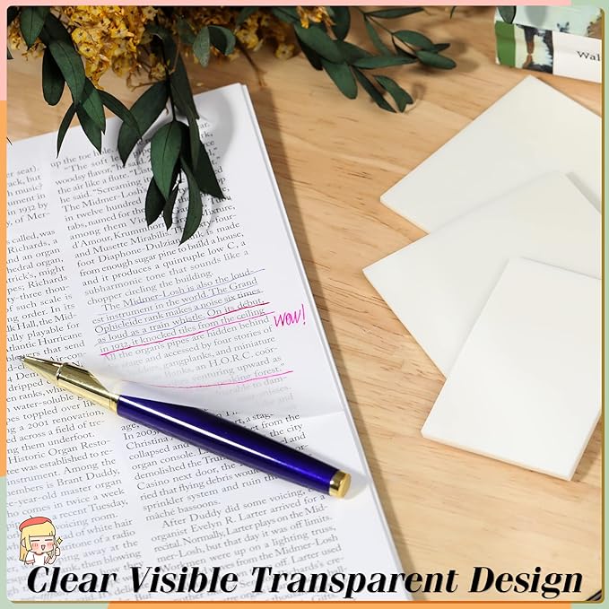 [1000 PCS] Transparent Sticky Notes, 6 Sizes Clear Sticky Notes Pads, Waterproof Self-Adhesive Translucent Sticky Notes for Annotating Books, See Through PET Notes for School & Office