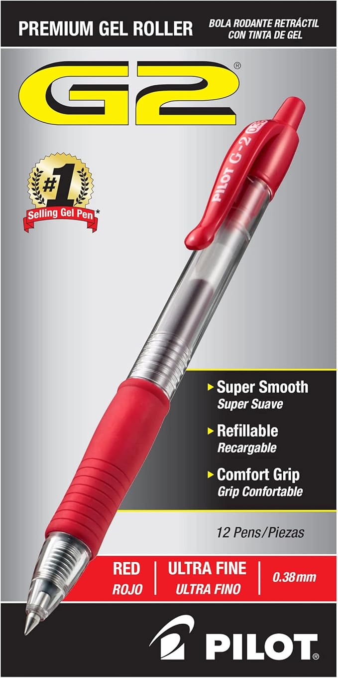 PILOT G2 Premium Gel Roller Pens, Ultra Fine Point 0.38 mm, Red Pens, Ideal for School, Journaling & Office Writing 12 Count (Pack of 12)