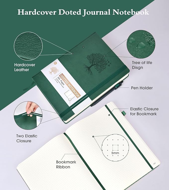 Ansopu Dotted Journal Notebook, 360 Numbered Pages Dot Grid Notebooks 8.5 x 11, 100gsm Dot Paper Thick Hardcover Leather Journals for Writing Women Men, A4 Large Bullet Dotted Notebooks Green