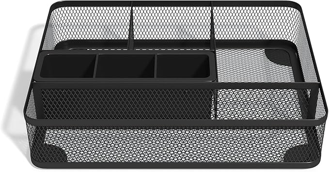 TRU RED Mesh Drawer Organizer, 7‑Compartment, Matte Black, 2‑Pack – Desk & Drawer Storage for Office Supplies