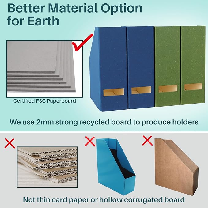 Magazine Holder - File Holder and Desk Organizer, Paperboard Book Organizer and Storage Box for Documents, Magazine Holder Rack for Classroom, Home, and Office (Leaf Green, 4-Pack)