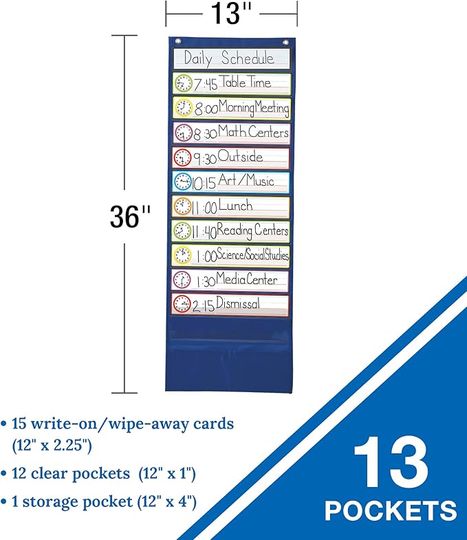 Carson Dellosa 13” x 36” Visual Schedule for Kids Pocket Chart, Organizer and Dry Erase Cards with Customizable Clocks, Circle Time Learning Center and Classroom Teaching Supplies