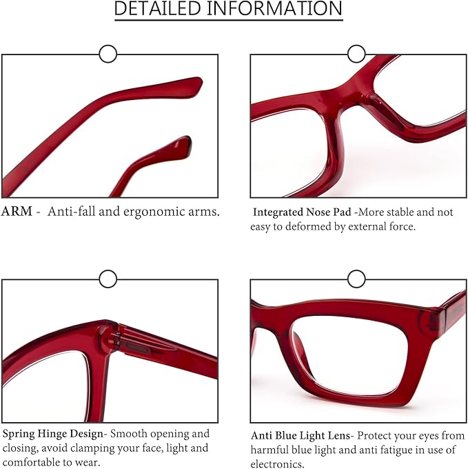 REAVEE 6 Pack Reading Glasses for Women Blue Light Blocking, Cute Square Computer Readers with Spring Hinge