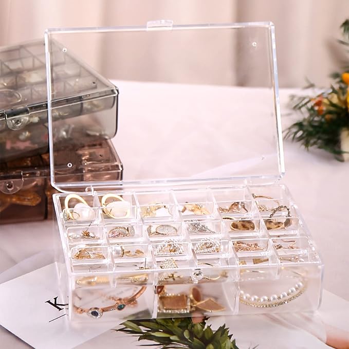 Clear Acrylic Jewelry Organizer, 30 Grids 2-Tier Jewelry Storage Box for Earrings Rings Necklaces, Dustproof Desktop Organizer for Women and Girls (Clear)