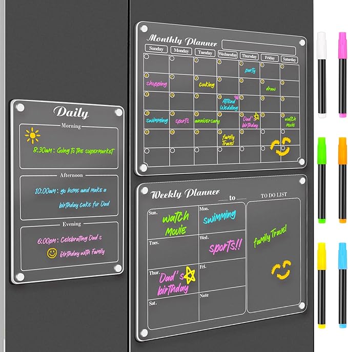 DIYMAG Magnetic Calendar for Refrigerator 3 PCS Dry Erase Wall Planners 15.2"x11.2" Magnet Fridge Monthly Weekly Daily White Board Planning Acrylic Clear Apartment Decor Meal Planner with 6 Colors Markers