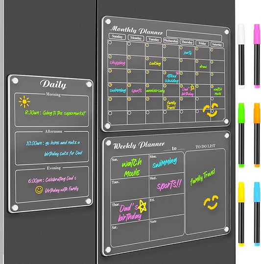DIYMAG Magnetic Calendar for Refrigerator 3 PCS Dry Erase Wall Planners 15.2"x11.2" Magnet Fridge Monthly Weekly Daily White Board Planning Acrylic Clear Apartment Decor Meal Planner with 6 Colors Markers