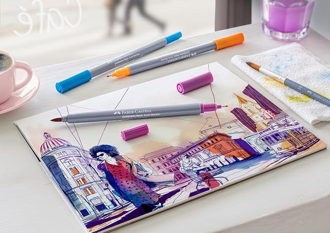 Faber-Castell Goldfaber Aqua Dual Tip Watercolor Markers - 12 Watercolor Brush Pens, Watercolor Markers for Adults, Real Brush Nib and Fineliner Tip Art Markers