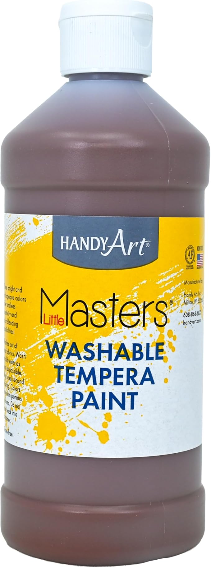 Handy Art Little Masters Washable Tempera Paint, Brown, 16 oz Bottle, Bright & Mixable, High Opacity, Washable Colors for Classroom, Students, Kids, Young Artists, Safe & Non-Toxic, Made in USA