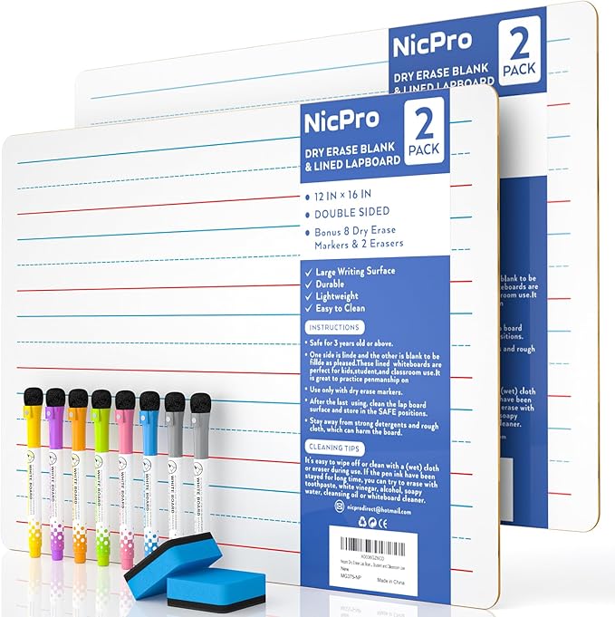 Nicpro Dry Erase Board with Lines 12 x 16 in, 2 Pack Kid Double Sided Lined White Board Dry Erase with 8 Pens, 2 Eraser, Small Learning Whiteboards for Kids, Students, Homeschool Essentials Supplies