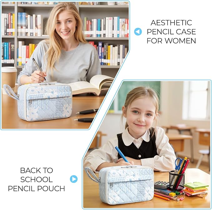WOBAGMEN Quilted Pencil Pouch for Girls Women, Large Pencil Case Pouch with Compartments Cute Aesthetic Pencil Case Organizer, Floral Pencil Bag for School Supplies (Blue Patchwork)