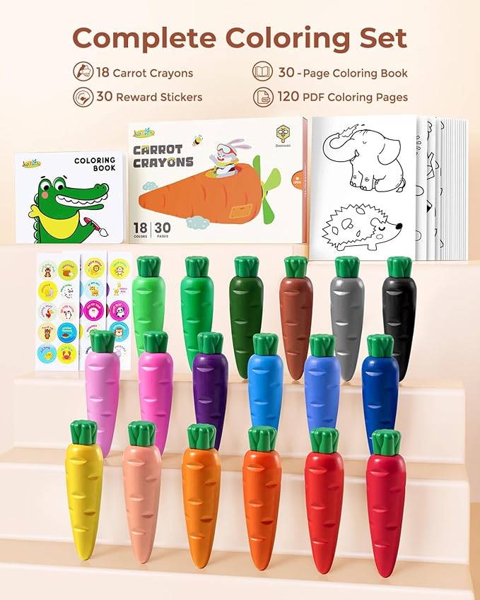 JUPITEARTH Carrot Crayons for Kids 18 Colors, Non Toxic Beeswax Crayons for Toddlers 1-3 with 30-Page Coloring Book & Stickers & 120 PDF Pages, Mess-Free Coloring for Kids Art Supplies Gift