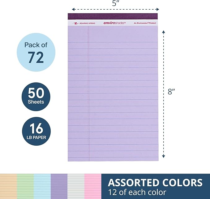 Roaring Spring Enviroshades Assorted Colored Small Legal Pads, 72 Pack, Legal Ruled Recycled Mini Writing Note Pads, 5" x 8", 50 Sheets, Perforated Memo Pad For School & Office, Made in USA