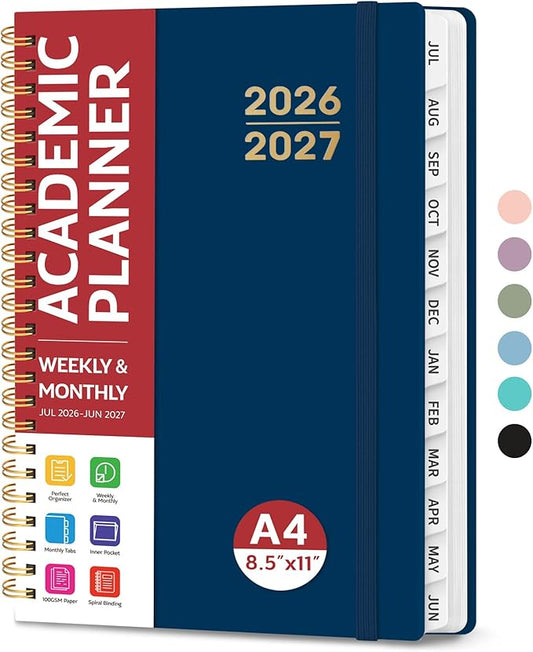 Planner 2026-2027 for Women & Men, Academic Monthly and Weekly Calendar Planner, Jul 2026 - Jun 2027, A4 (8.5" x 11"), Teacher Student Planning Book with Tabs, Ideal for Office School Supplies - Navy Blue