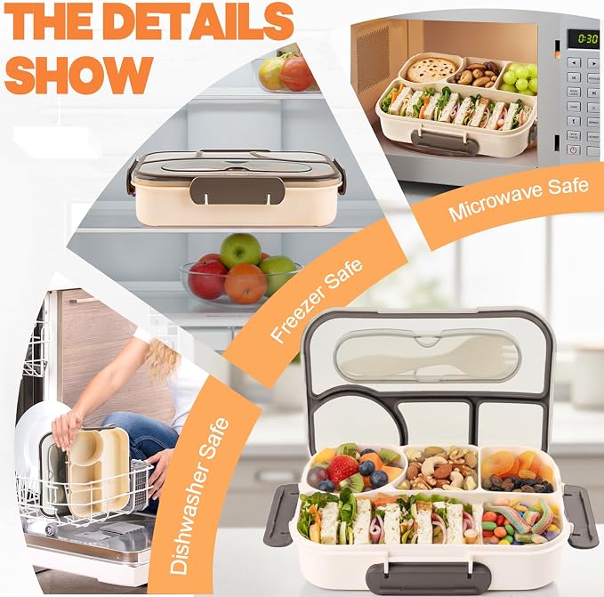 Bento Box for Adults, 4 Compartments Lunch Box, Lunch Containers, Beige