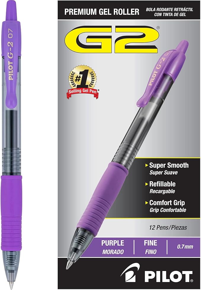 Pilot G2 Premium Gel Roller Pens, Fine Point 0.7 mm, Purple Ink, Pack of 12 - Ideal for School, Journaling and Office Writing