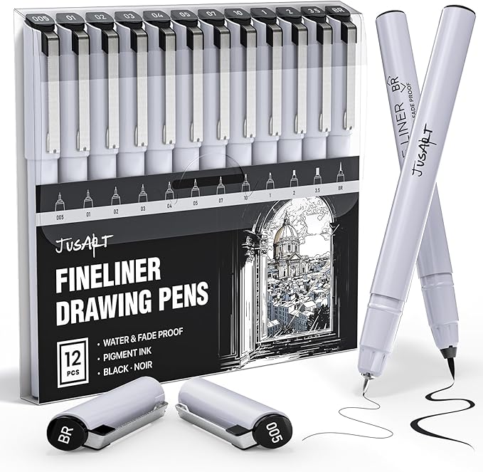 JusArt Fineliner Pens, Ultra Fine, Fine, Brush & Chisel, 12 Sizes, Waterproof Black Pigment Art Pen for Artists, Crafters, Illustration, Sketching, Writing, Bible Journaling, Technical Drawing Pens