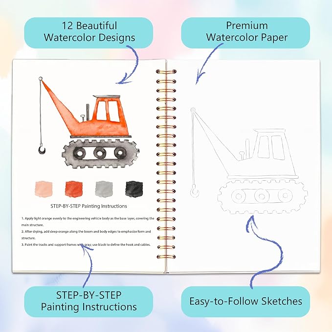 Easy Watercolor Workbook for Beginners - 12 Beautiful Step-by-Step Paintings Water Coloring Book, Includes 18 Colors Paints, Relaxing Art Projects and Creative Gift for Adults (Construction Vehicles)