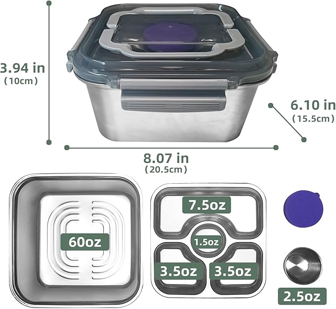 Salad Container for Lunch 2 Pack,3-Compartment Bento-Style Tray,1.5-oz Sacue Container, Dishwasher, Microwave, and Oven Safe (Gray&White)