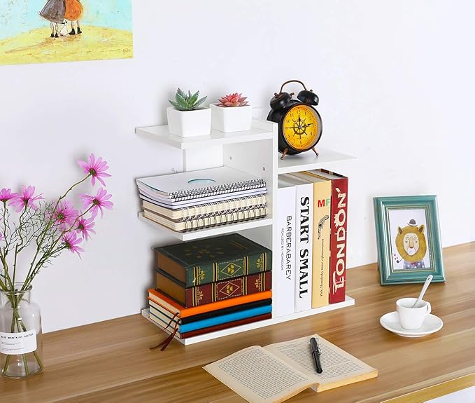 PAG Wood Desktop Shelf Small Bookshelf Desk Supplies Organizers and Accessories Storage Display Rack Office Decor for Women, White