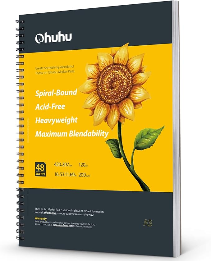 Ohuhu Marker Pads Art Sketchbook, 16.5"x11.7" XL A3 Large Paper Size, 120 lb/200 gsm Heavy Smooth Drawing Papers, 48 Sheets/96 Pages, Spiral Bound Sketch Book for Alcohol Markers Christmas Gift