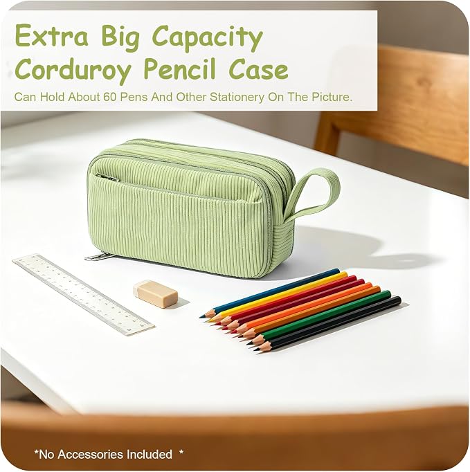 BuyCard Sage green Large Capacity Corduroy Pencil Case, Zipper Pouch, Casual Style, Supplies Organizer for Teen Girls, Boys, Women and Men