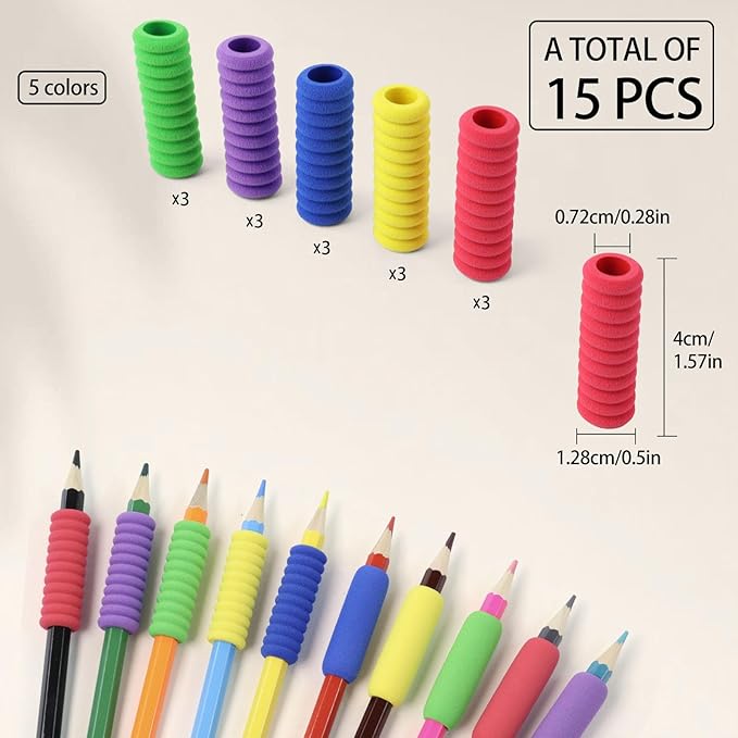 Pencil Grip Soft Foam Pencil Grips for Handwriting 1.5 Inch Comfort Pencil Holder for Writing Aid 5 Color (15 Pcs Annular)