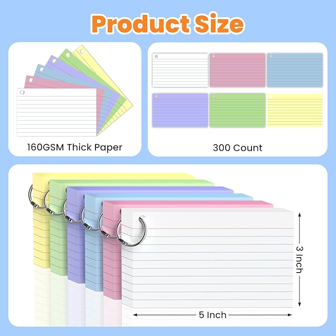 600 Count Colored Index Cards 3x5 Inch with Ring, Heavy Weight Flash Cards, Note Taking Supplies, Portable Note Cards, Study Flashcards for Students & Teachers, Office Home School Study Supplies