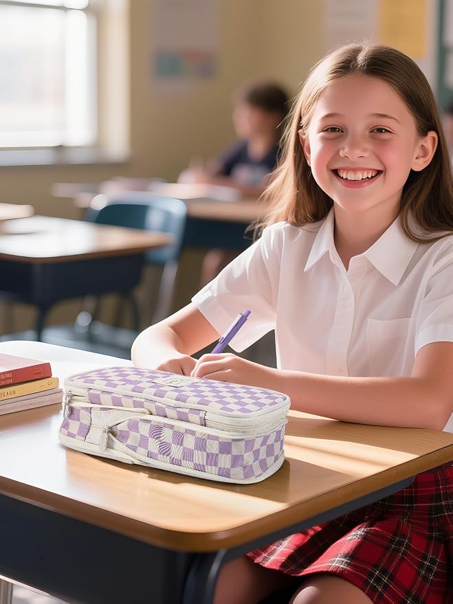Bigmeta Gingham Expandable Pencil Case for Teens Girls - Purple | Zipper Gusset for Adjustable Capacity, Checkered Cute Pencil Pouch, Stationery Bag Box for Student Back to School Gifts