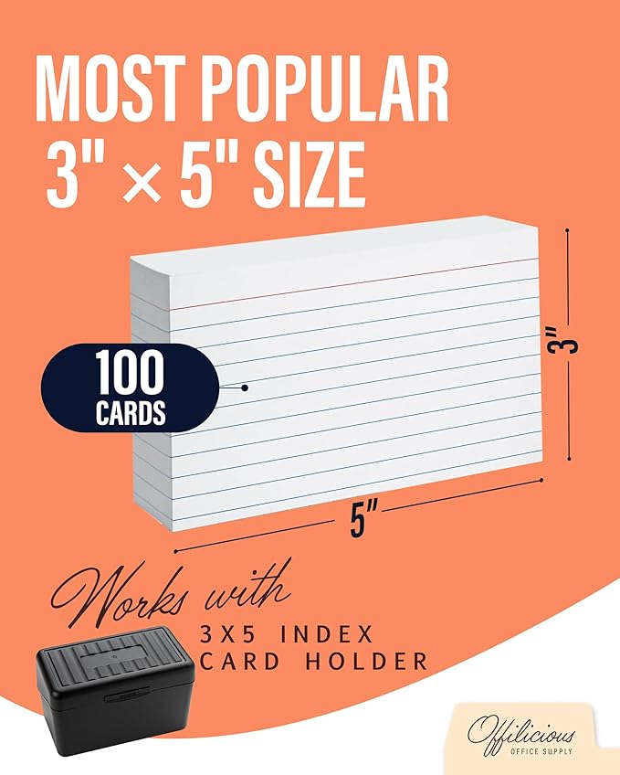 OFFILICIOUS Ruled Index Cards 3x5 — Durable Blank Cards Bulk for Writing Recipes, Notes & Flash Cards for Studying — 100 No Bleed-Through White Double-Sided Notecards 3x5 Lined & Blank