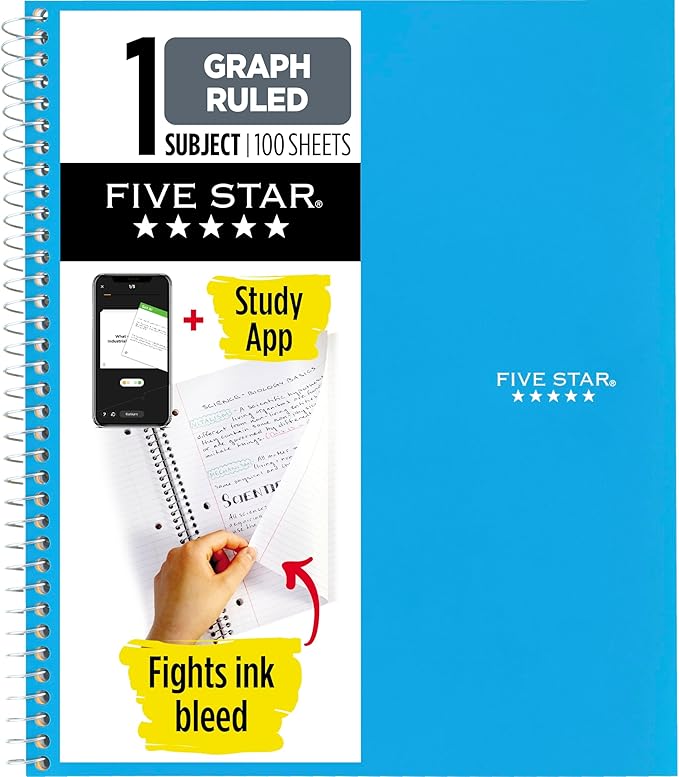 Five Star Spiral Notebook + Study App, 1 Subject, Graph Ruled Paper, 8-1/2" x 11", 100 Sheets, Fights Ink Bleed, Water Resistant Cover, Tidewater Blue (06190AA4), (Pack of 12)
