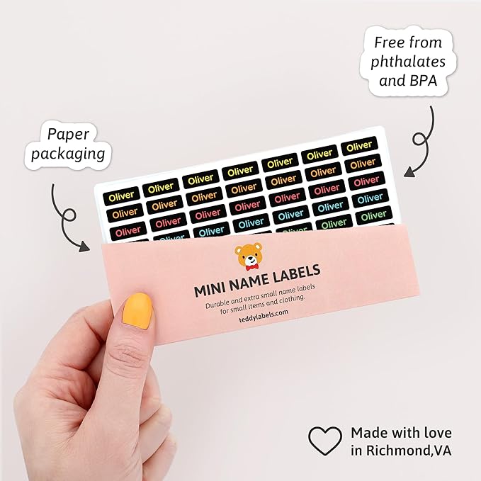 Mini Name Labels (175) - Custom Personalized Name Labels for Labeling Tiny Items, Washer and Dryer-Safe Waterproof Labels for Daycare, Preschool, and School - Neon