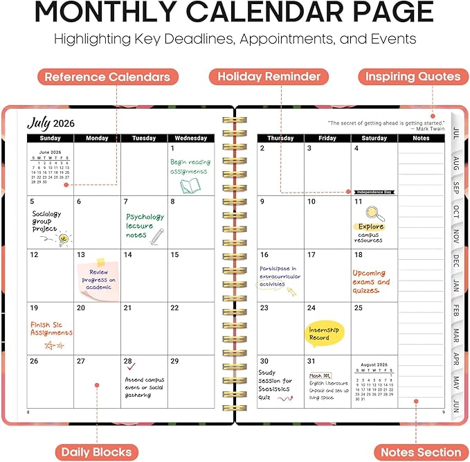 Planner 2026-2027, Academic Year Weekly and Monthly Calender Planner, from Jul 2026 - Jun 2027, Spiral Bound School Planning Book, Perfect for Teacher, Student, Women & Men, A5 (6.3" x 8.5"), Midnight Poppies