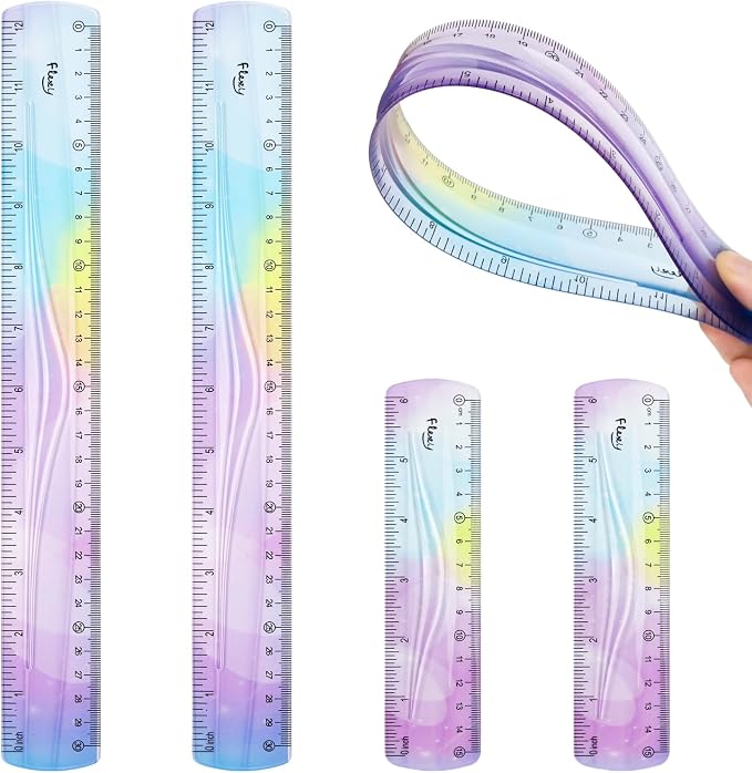 12 Inch & 6 Inch Flexible Ruler, Bendable Plastic Ruler, Soft Bendable Gradient Color Rulers with Centimeters and Inches for Student School Classroom Office Supplies (4 PCS)